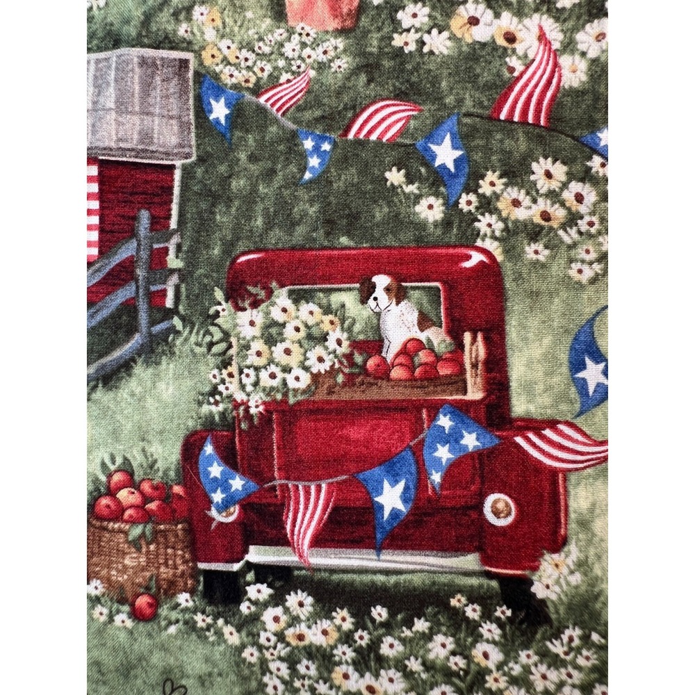 Fabric RARE Susan Winget Patriotic Picnic Red Trucks USA Flag WASHED BTY 36"x42"